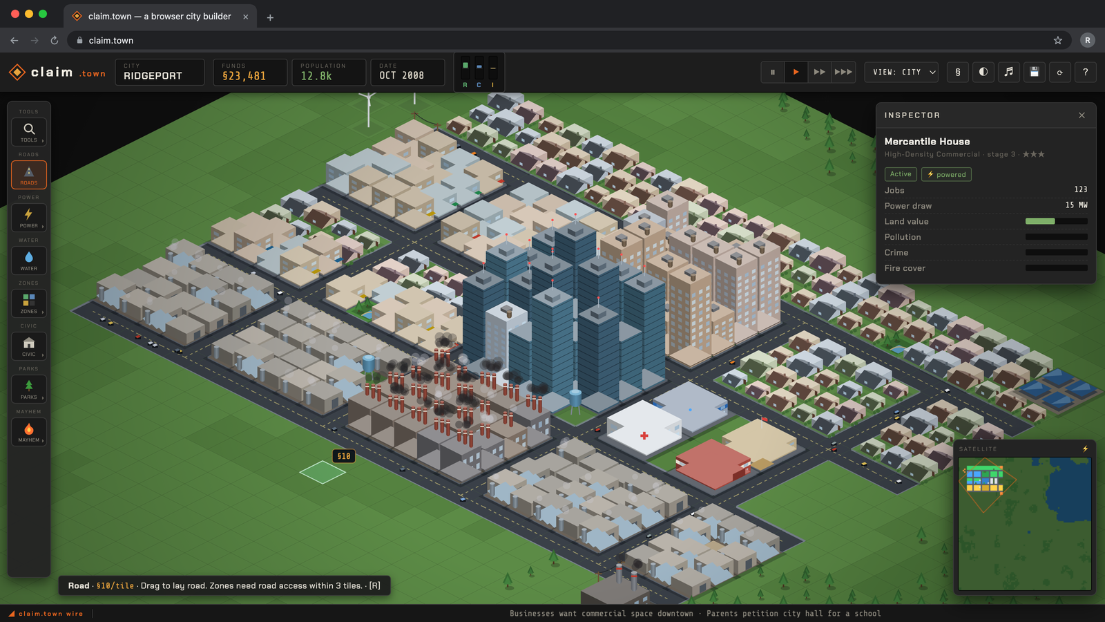 claim.town running in a desktop web browser tab, showing the full game interface with toolbar, inspector panel and a large isometric city