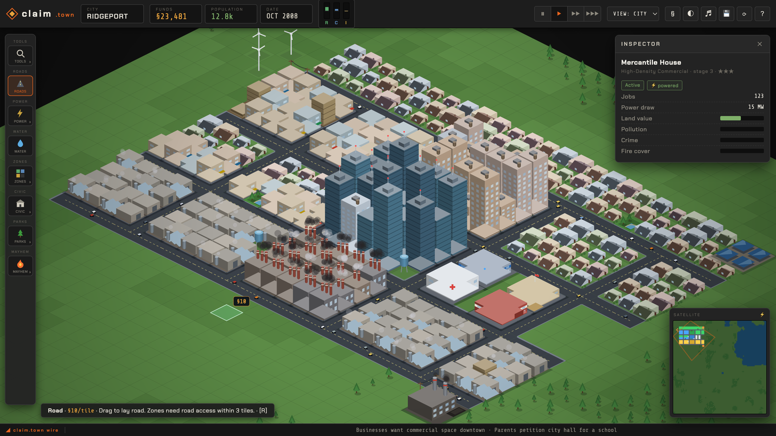 claim.town gameplay: an isometric city with a glass-tower downtown, suburbs, smokestack industry, a minimap, RCI demand bars and a municipal budget readout in the HUD